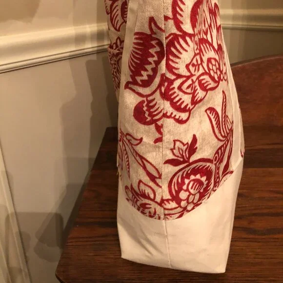 Red & Beige Floral Large Tote Bag / Canvas Fabric Beach Bag Handmade Purse NEW! - Picture 5 of 5